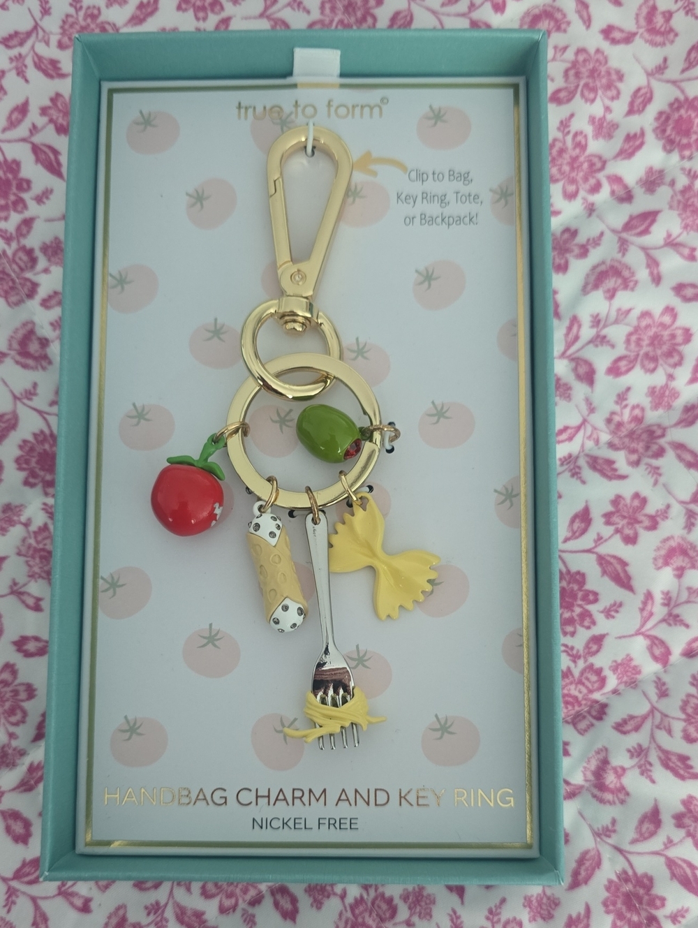 True To Form Gold Handbag Charm Key Ring with Red & Green Food Charms Pasta